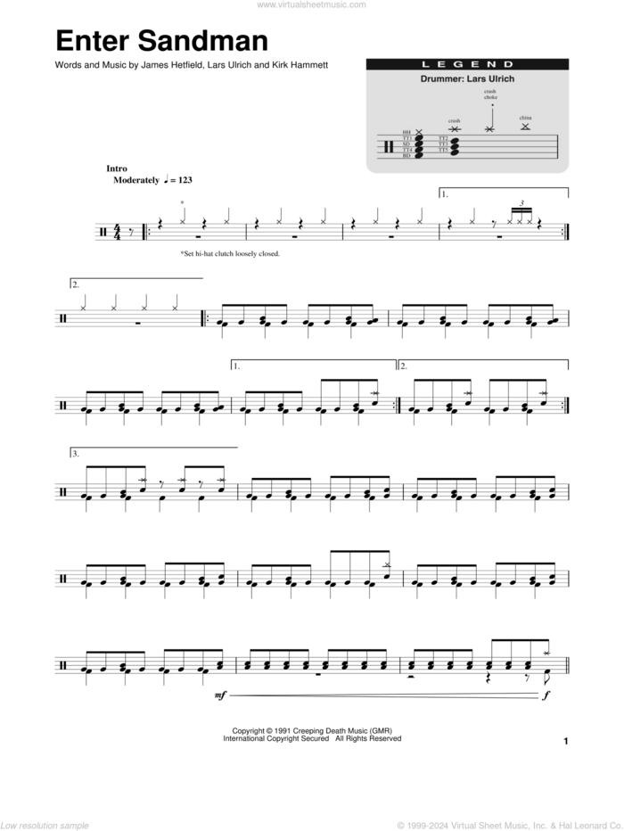 Enter Sandman sheet music for drums by Metallica, James Hetfield, Kirk Hammett and Lars Ulrich, intermediate skill level