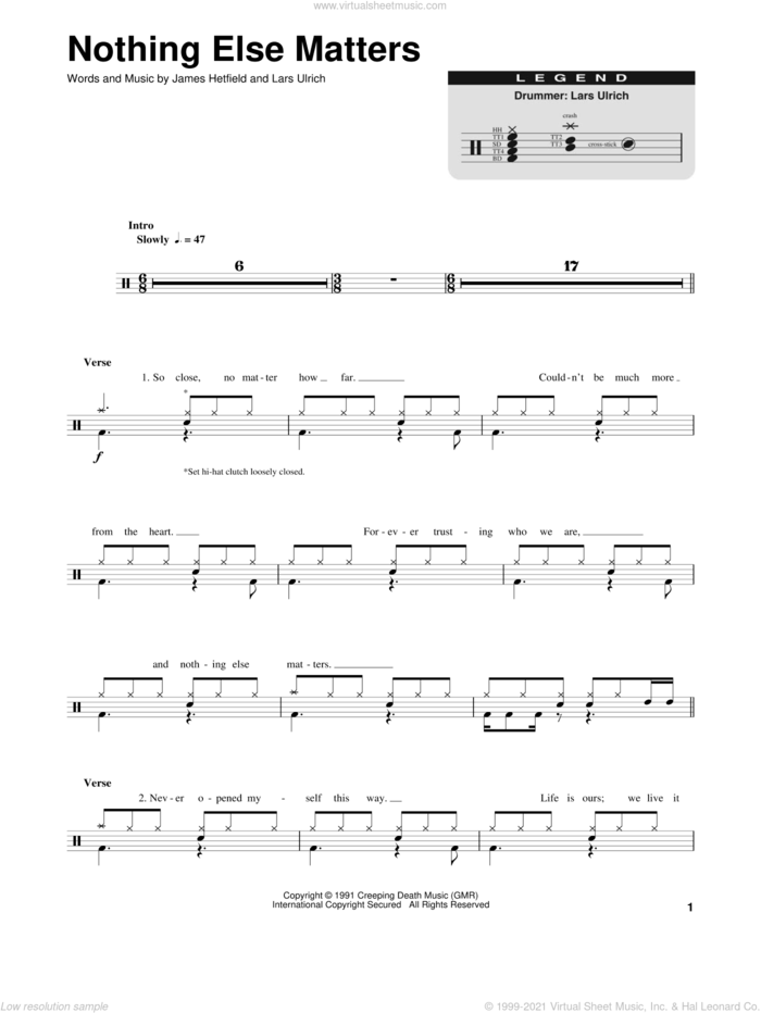 Nothing Else Matters sheet music for drums by Metallica, James Hetfield and Lars Ulrich, intermediate skill level