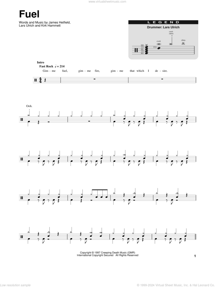 Fuel sheet music for drums by Metallica, James Hetfield, Kirk Hammett and Lars Ulrich, intermediate skill level