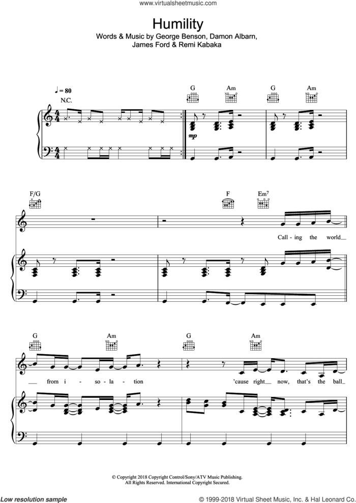 Humility (featuring George Benson) sheet music for voice, piano or guitar by Gorillaz, Damon Albarn, George Benson, James Ford and Remi Kabaka, intermediate skill level