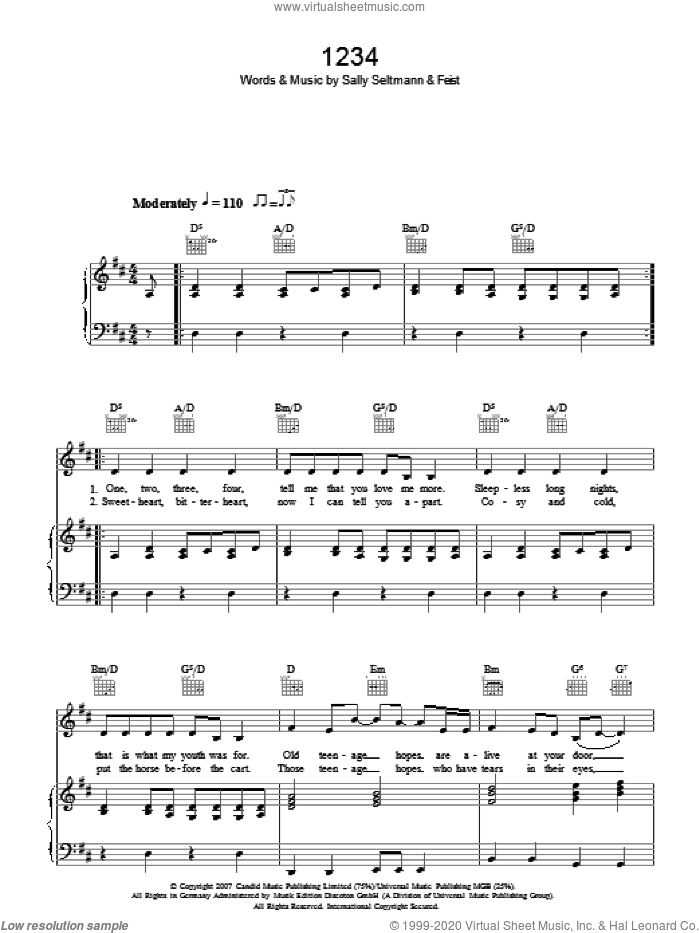 1234 sheet music for voice, piano or guitar by Leslie Feist and Sally Seltmann, intermediate skill level