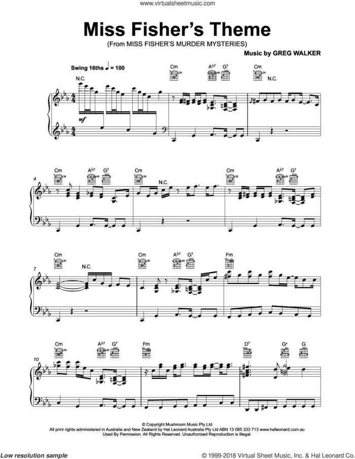 Miss Fisher's Theme (from Miss Fisher's Murder Mysteries) sheet music for piano solo by Greg Walker, intermediate skill level