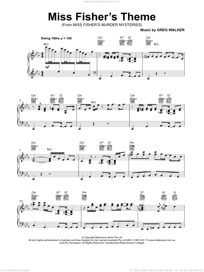 Miss Fisher's Theme (from Miss Fisher's Murder Mysteries) sheet music for piano solo by Greg Walker, intermediate skill level