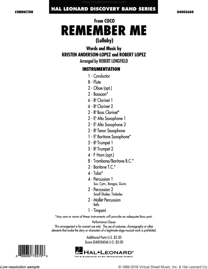 Remember Me (COMPLETE) sheet music for concert band by Robert Lopez, Kristen Anderson-Lopez and Robert Longfield, intermediate skill level