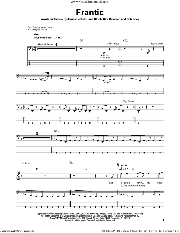 Frantic sheet music for bass (tablature) (bass guitar) by Metallica, Bob Rock, James Hetfield, Kirk Hammett and Lars Ulrich, intermediate skill level