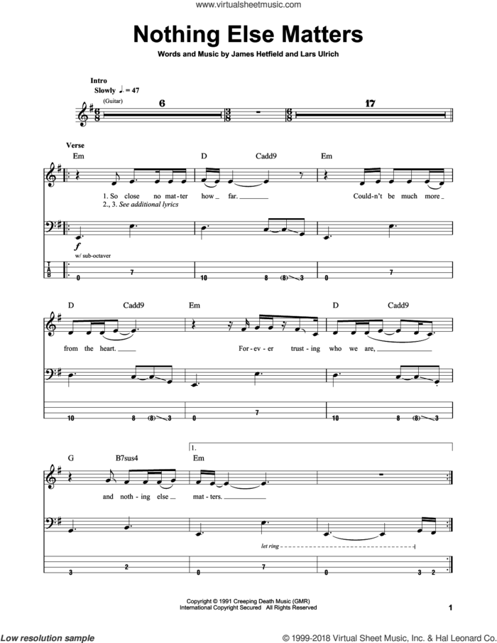 Nothing Else Matters sheet music for bass (tablature) (bass guitar) by Metallica, James Hetfield and Lars Ulrich, intermediate skill level
