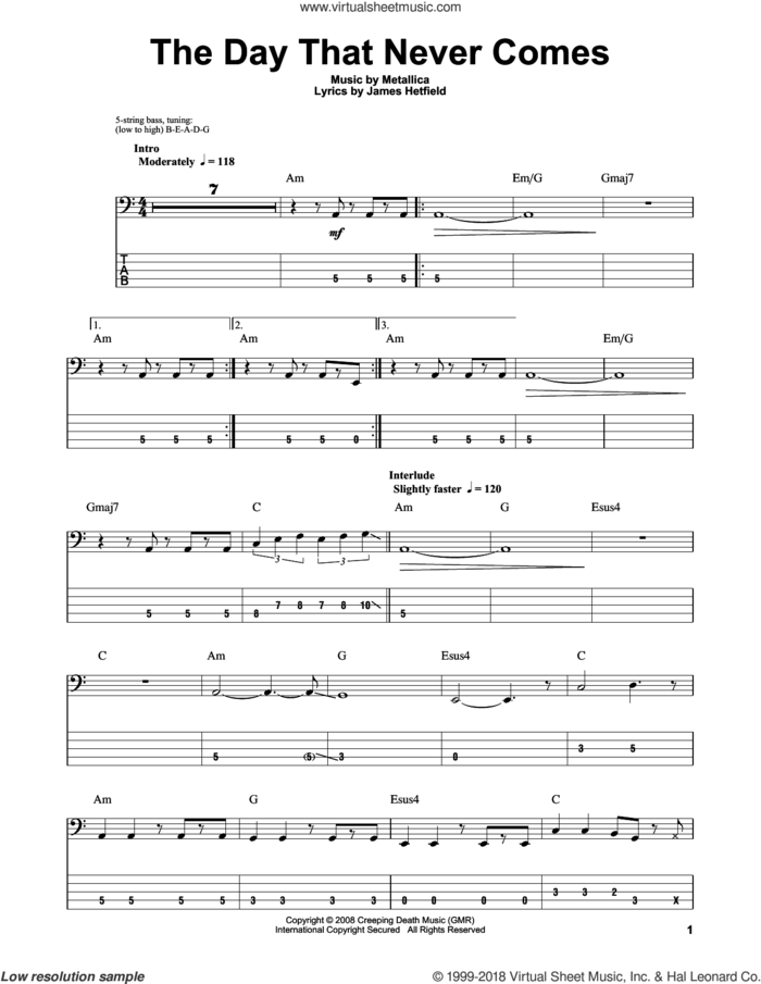 The Day That Never Comes sheet music for bass (tablature) (bass guitar) by Metallica and James Hetfield, intermediate skill level