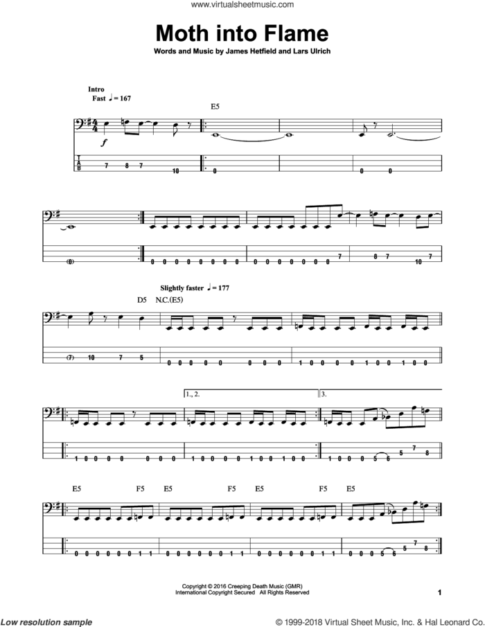 Moth Into Flame sheet music for bass (tablature) (bass guitar) by Metallica, James Hetfield and Lars Ulrich, intermediate skill level