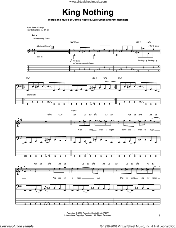 King Nothing sheet music for bass (tablature) (bass guitar) by Metallica, James Hetfield, Kirk Hammett and Lars Ulrich, intermediate skill level