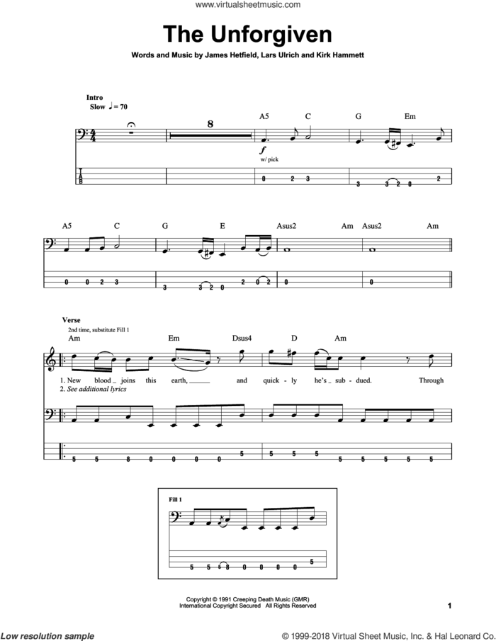 The Unforgiven sheet music for bass (tablature) (bass guitar) by Metallica, James Hetfield, Kirk Hammett and Lars Ulrich, intermediate skill level