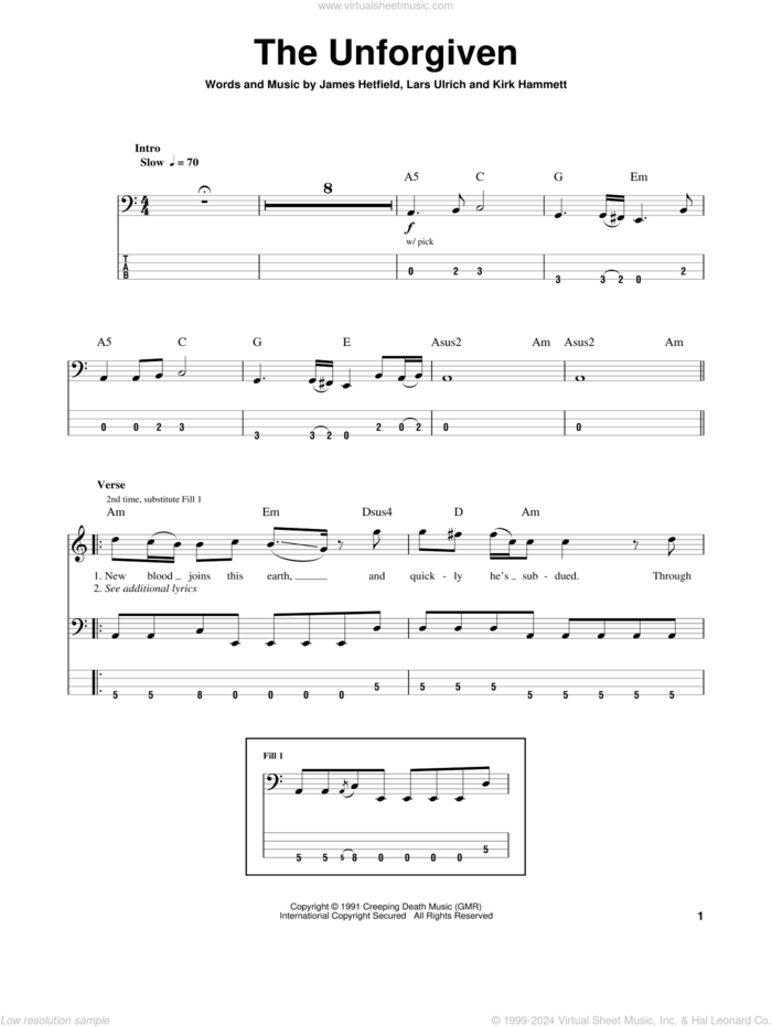 The Unforgiven sheet music for bass (tablature) (bass guitar) by Metallica, James Hetfield, Kirk Hammett and Lars Ulrich, intermediate skill level