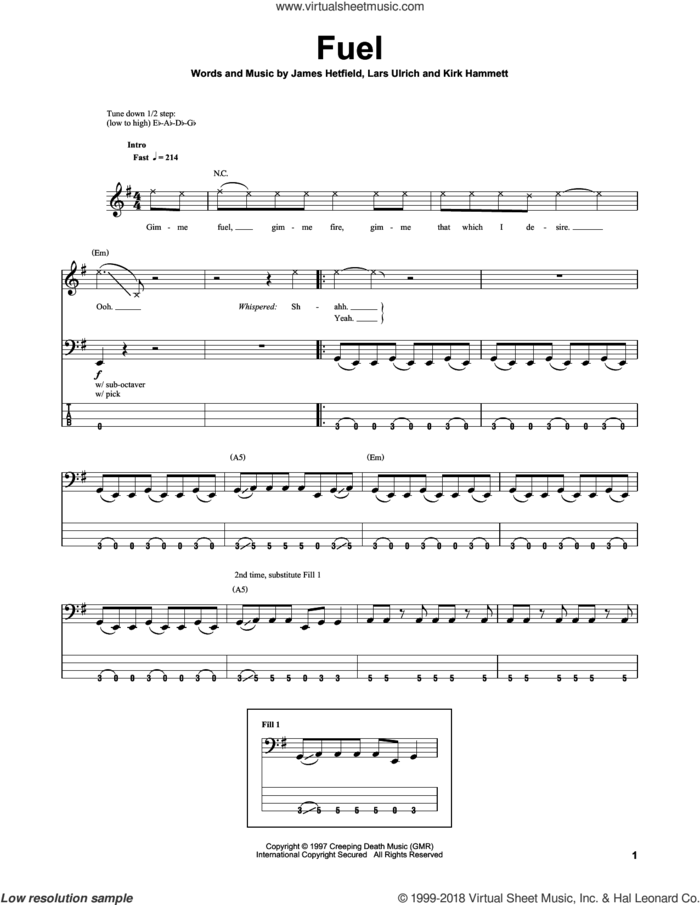Fuel sheet music for bass (tablature) (bass guitar) by Metallica, James Hetfield, Kirk Hammett and Lars Ulrich, intermediate skill level