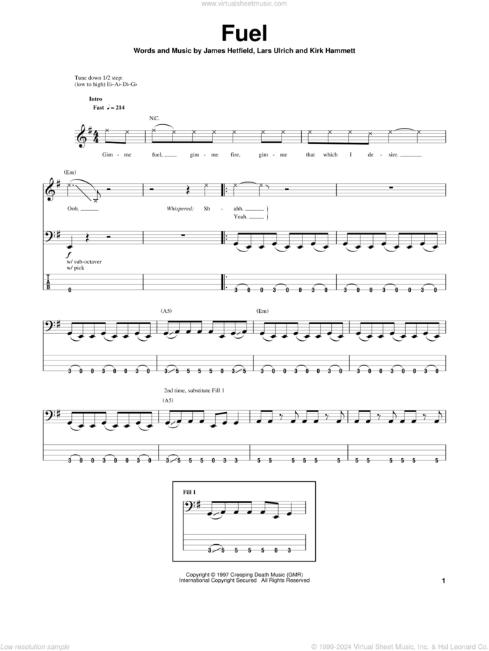 Fuel sheet music for bass (tablature) (bass guitar) by Metallica, James Hetfield, Kirk Hammett and Lars Ulrich, intermediate skill level