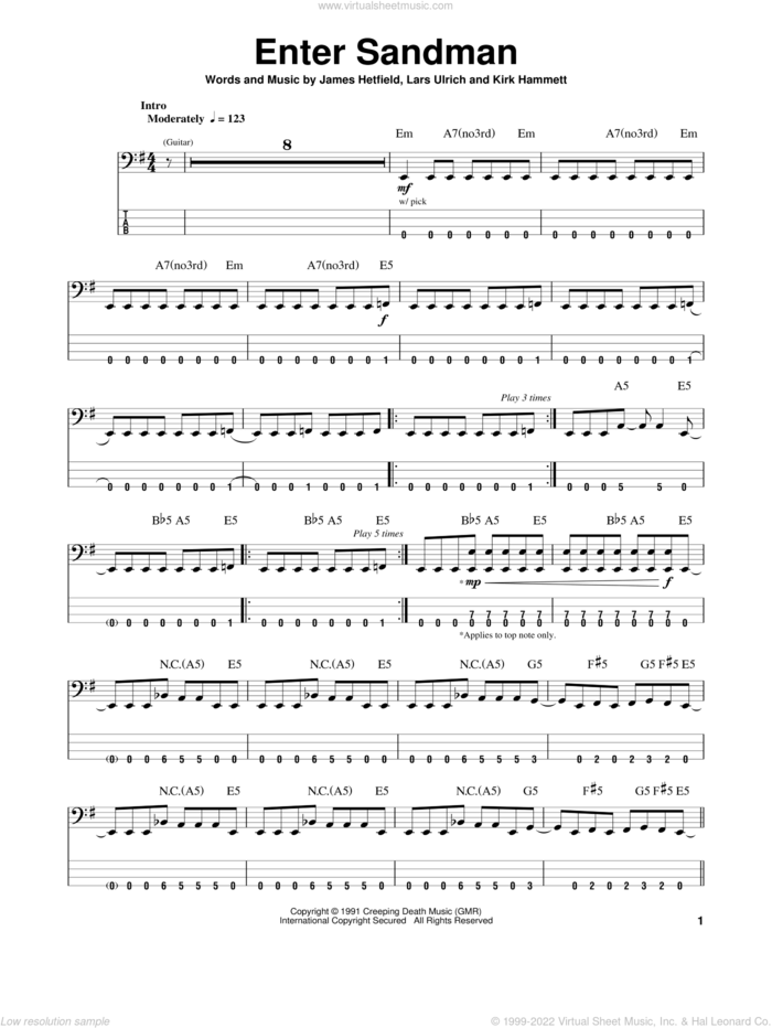 Enter Sandman sheet music for bass (tablature) (bass guitar) by Metallica, James Hetfield, Kirk Hammett and Lars Ulrich, intermediate skill level