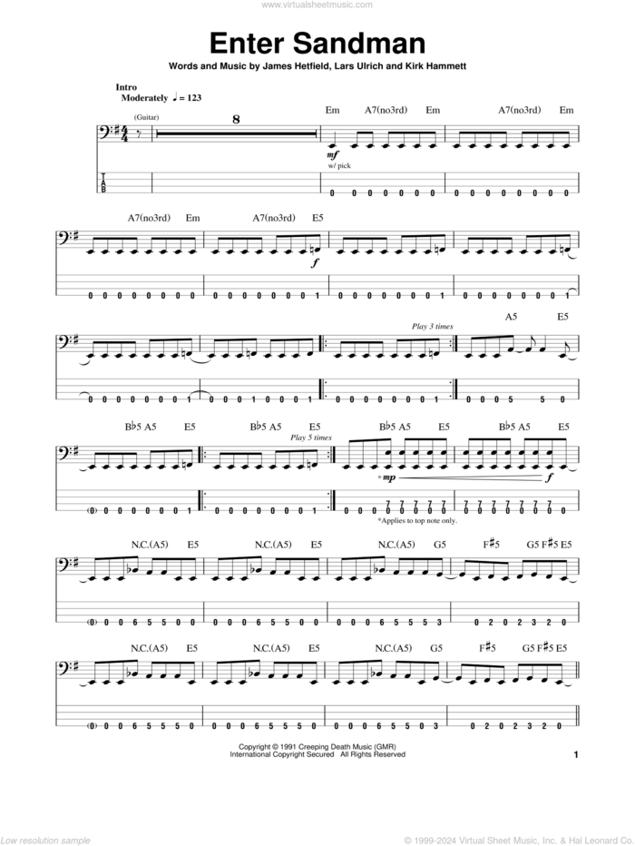 Enter Sandman sheet music for bass (tablature) (bass guitar) by Metallica, James Hetfield, Kirk Hammett and Lars Ulrich, intermediate skill level