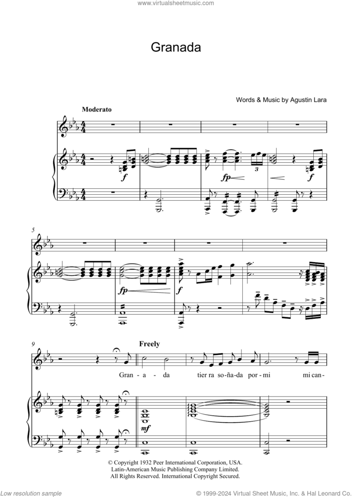 Granada sheet music for voice, piano or guitar by Luciano Pavarotti and Agustin Lara, classical score, intermediate skill level