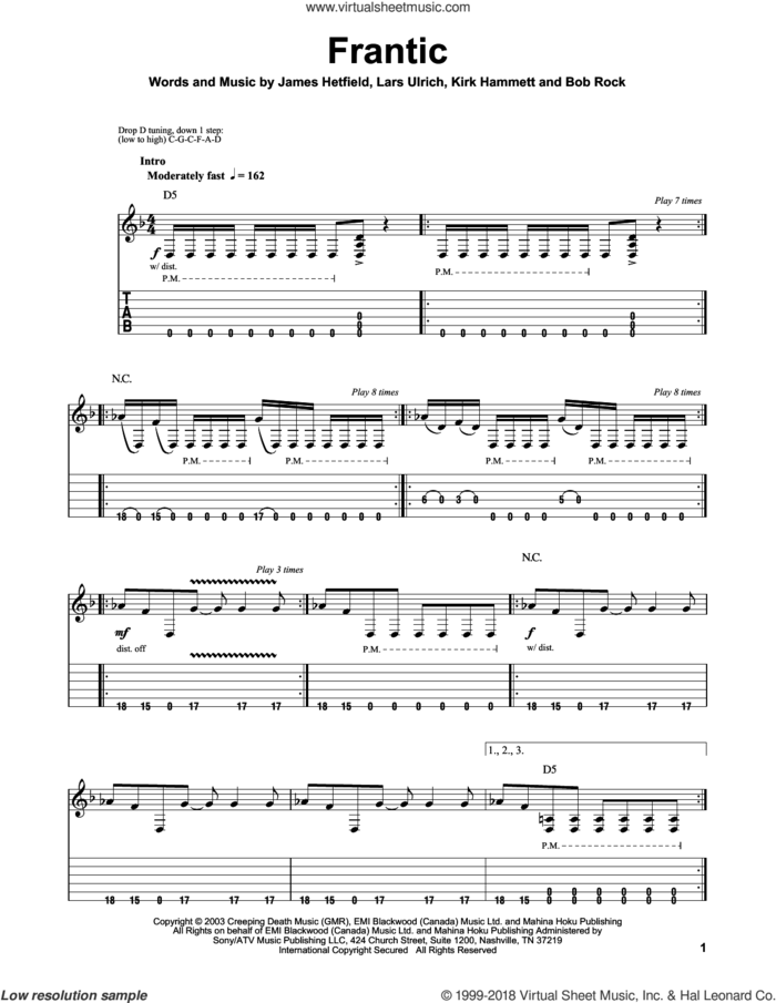 Frantic sheet music for guitar (tablature, play-along) by Metallica, Bob Rock, James Hetfield, Kirk Hammett and Lars Ulrich, intermediate skill level