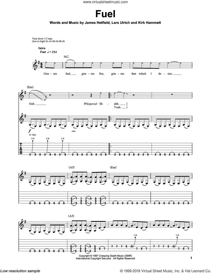 Fuel sheet music for guitar (tablature, play-along) by Metallica, James Hetfield, Kirk Hammett and Lars Ulrich, intermediate skill level