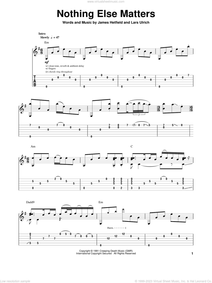 Nothing Else Matters sheet music for guitar (tablature, play-along) by Metallica, James Hetfield and Lars Ulrich, intermediate skill level