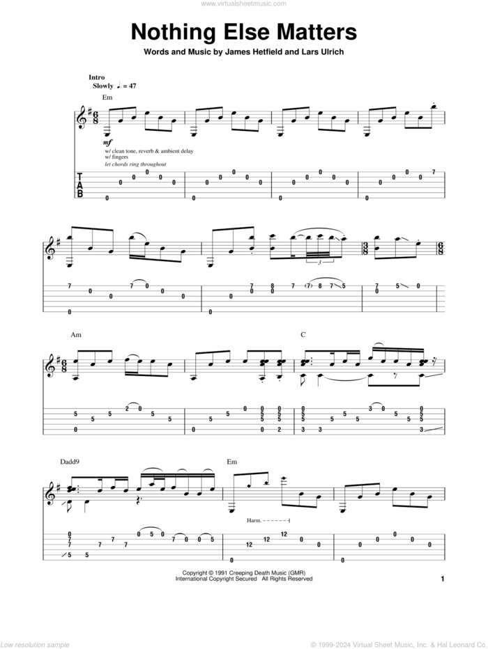 Nothing Else Matters sheet music for guitar (tablature, play-along) by Metallica, James Hetfield and Lars Ulrich, intermediate skill level