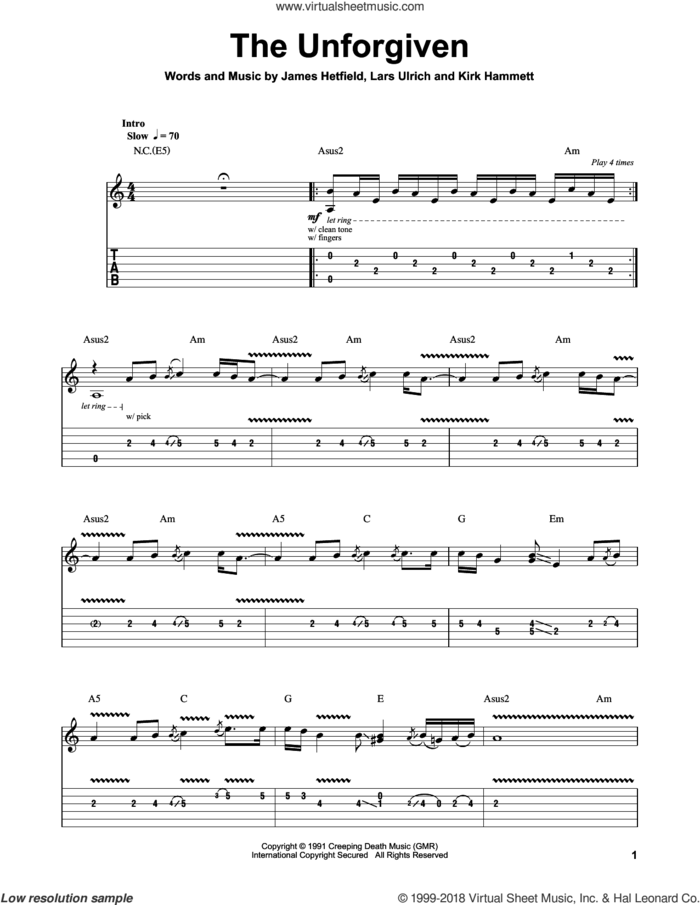 The Unforgiven sheet music for guitar (tablature, play-along) by Metallica, James Hetfield, Kirk Hammett and Lars Ulrich, intermediate skill level