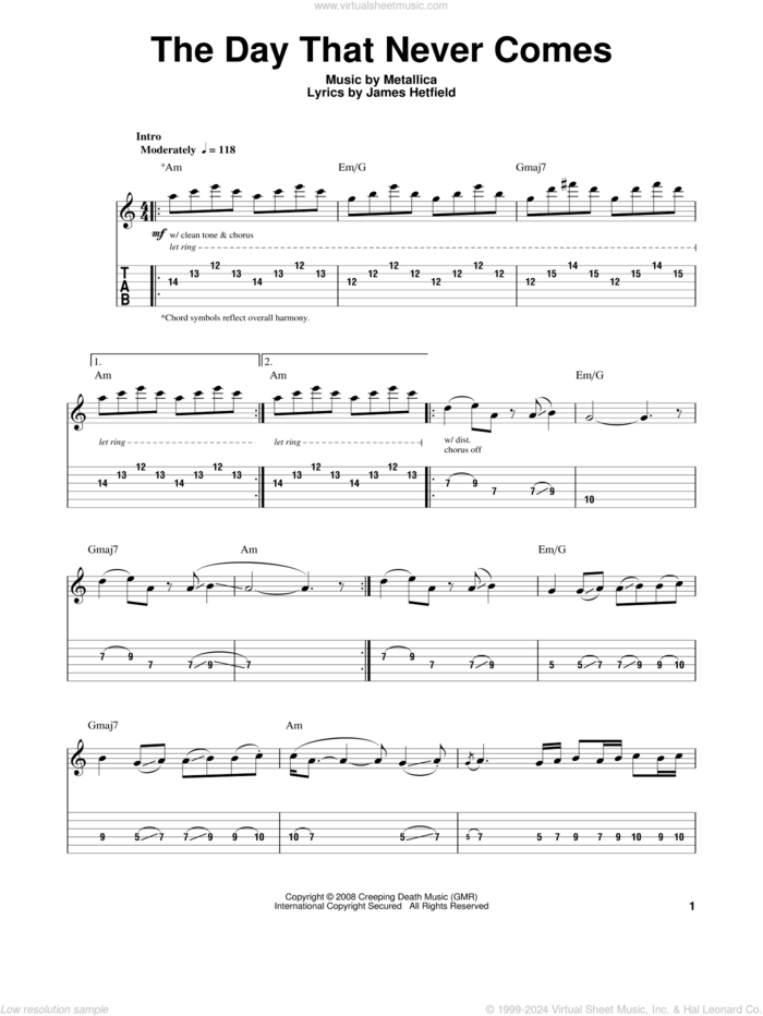 The Day That Never Comes sheet music for guitar (tablature, play-along) by Metallica and James Hetfield, intermediate skill level