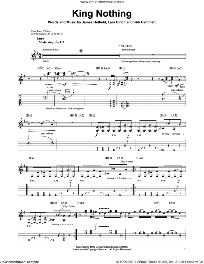 King Nothing sheet music for guitar (tablature, play-along) by Metallica, James Hetfield, Kirk Hammett and Lars Ulrich, intermediate skill level