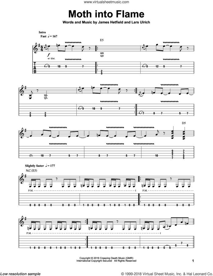 Moth Into Flame sheet music for guitar (tablature, play-along) by Metallica, James Hetfield and Lars Ulrich, intermediate skill level