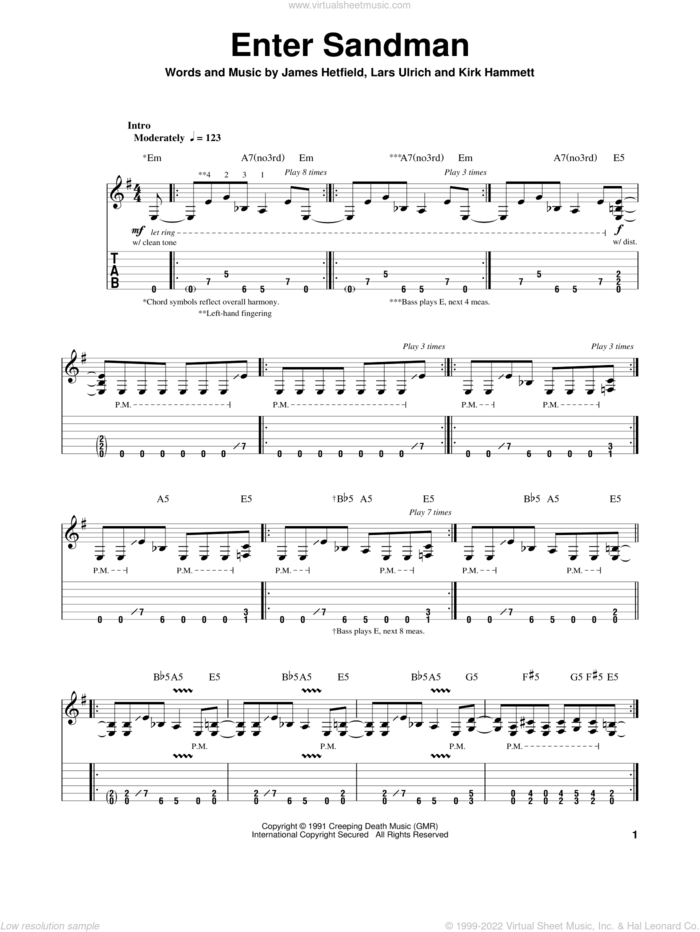 Enter Sandman sheet music for guitar (tablature, play-along) by Metallica, James Hetfield, Kirk Hammett and Lars Ulrich, intermediate skill level