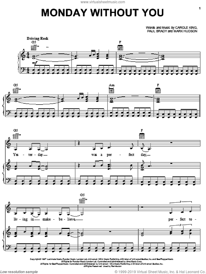 Monday Without You sheet music for voice, piano or guitar by Carole King, Mark Hudson and Paul Brady, intermediate skill level