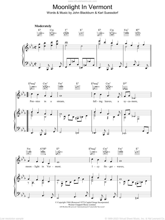 Moonlight In Vermont sheet music for voice, piano or guitar by Frank Sinatra, Margaret Whiting, Willie Nelson, John Blackburn and Karl Suessdorf, intermediate skill level