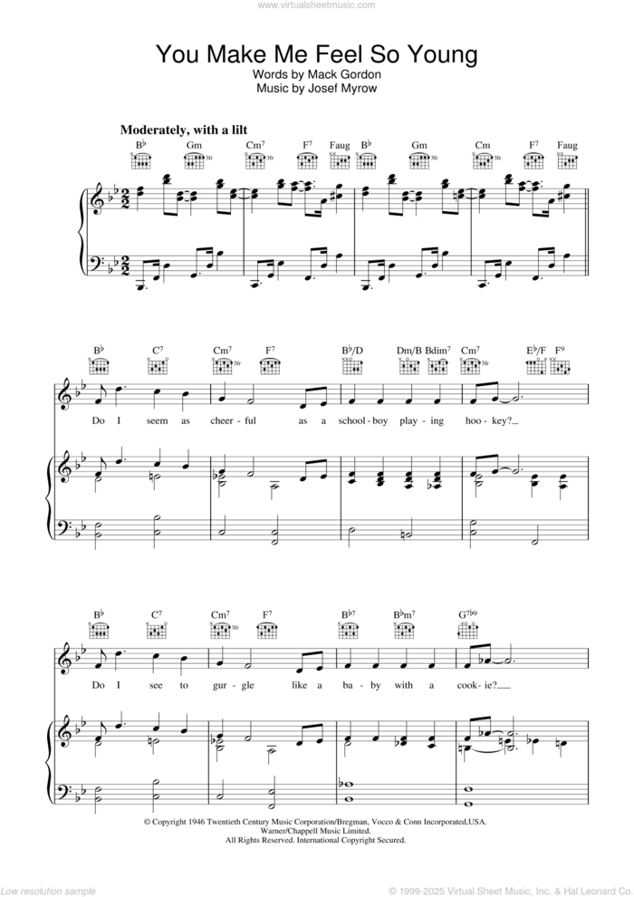 You Make Me Feel So Young sheet music for voice, piano or guitar by Frank Sinatra, Josef Myrow and Mack Gordon, intermediate skill level