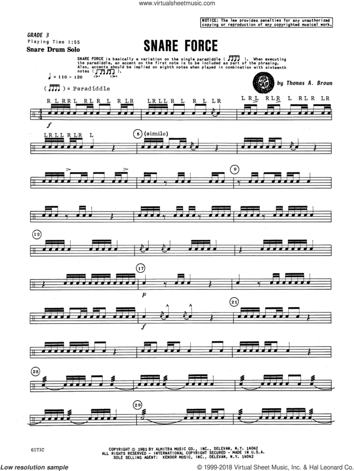 Snare Force sheet music for percussions by Tom Brown, classical score, intermediate skill level