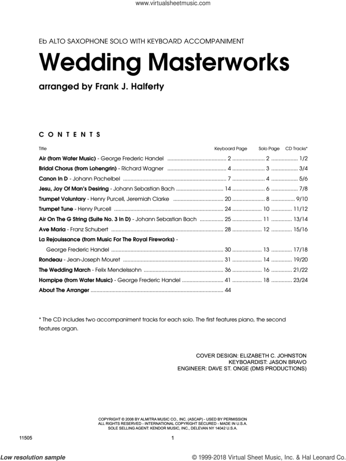 Wedding Masterworks (complete set of parts) sheet music for alto saxophone and piano by Frank J. Halferty, classical score, intermediate skill level