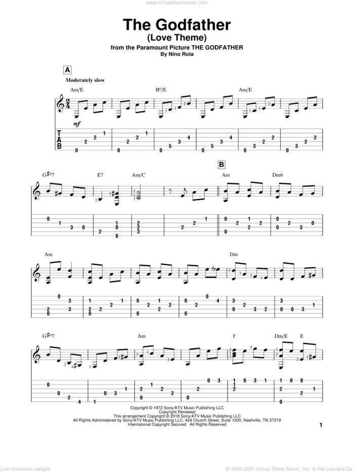 The Godfather (Love Theme), (intermediate) (Love Theme) sheet music for guitar solo by Nino Rota, classical score, intermediate skill level