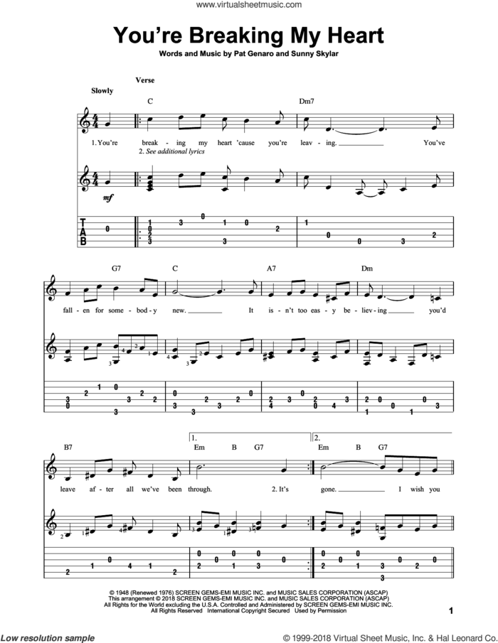 You're Breaking My Heart sheet music for guitar solo by Vic Damone, Pat Genaro and Sunny Skylar, intermediate skill level
