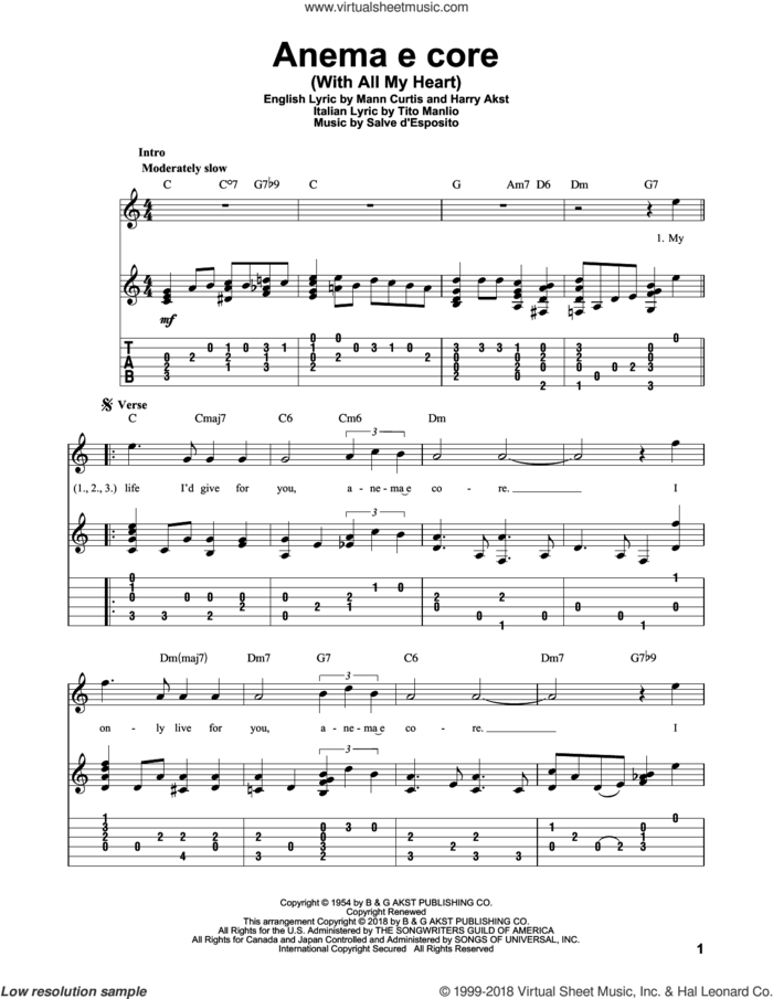 Anema E Core (With All My Heart) sheet music for guitar solo by Eddie Fisher, Harry Akst, Mann Curtis and Tito Manlio, intermediate skill level