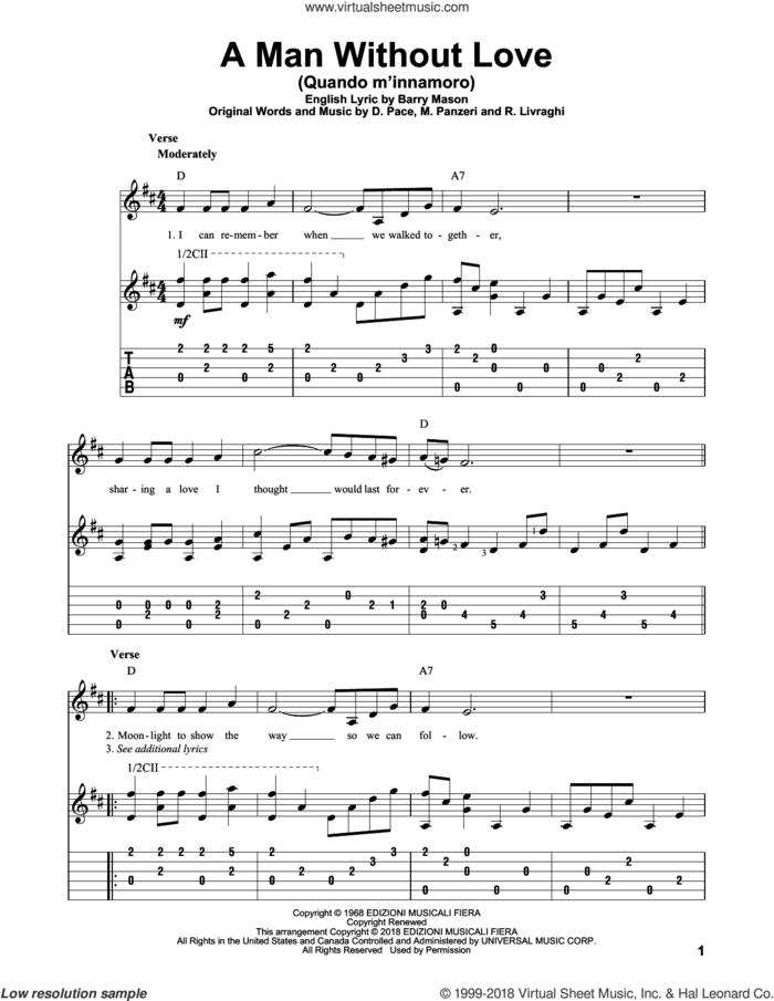 A Man Without Love (Quando M'Innamoro) sheet music for guitar solo by Engelbert Humperdinck, Barry Mason, D. Pace, M. Panzeri and R. Livraghi, intermediate skill level