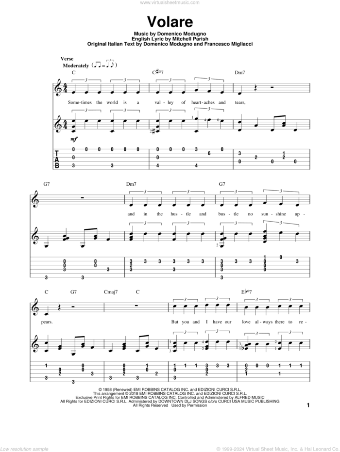 Volare sheet music for guitar solo by Domenico Modugno, Bobby Rydell, Dean Martin, Franco Migliacci and Mitchell Parish, intermediate skill level