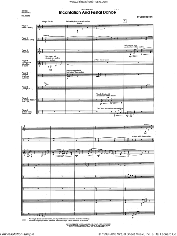 Incantation And Festal Dance (COMPLETE) sheet music for percussions by Jared Spears, classical score, intermediate skill level