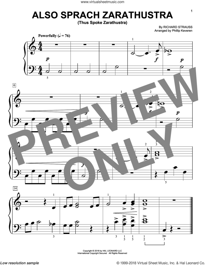 Also Sprach Zarathustra (arr. Phillip Keveren) sheet music for piano solo (big note book) by Richard Strauss and Phillip Keveren, classical score, easy piano (big note book)