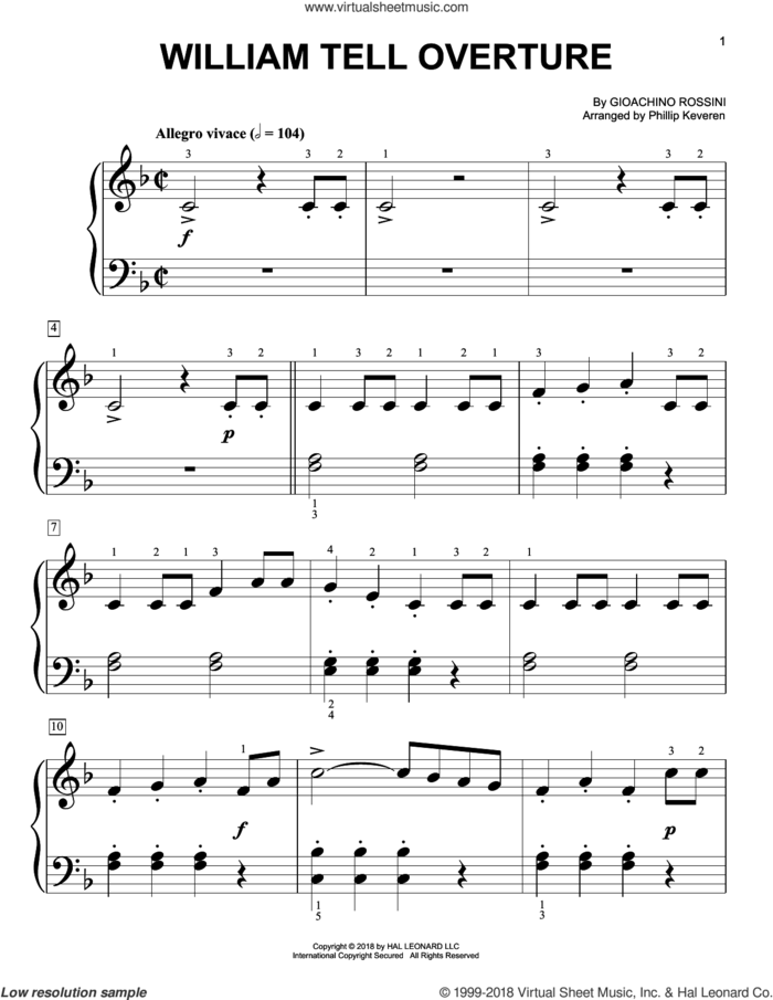 William Tell Overture (arr. Phillip Keveren) sheet music for piano solo (big note book) by Gioacchino Rossini and Phillip Keveren, classical score, easy piano (big note book)