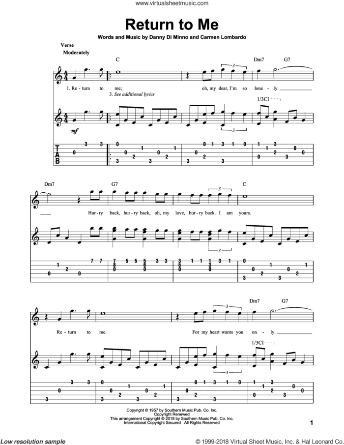 Return To Me sheet music for guitar solo by Dean Martin, Carmen Lombardo and Danny Di Minno, intermediate skill level
