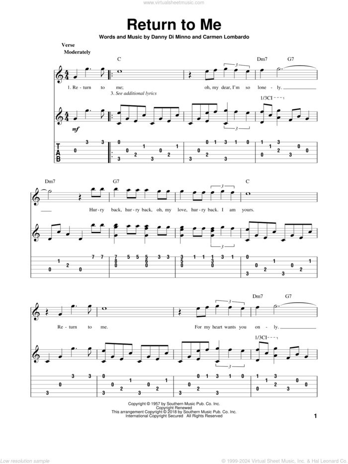 Return To Me sheet music for guitar solo by Dean Martin, Carmen Lombardo and Danny Di Minno, intermediate skill level