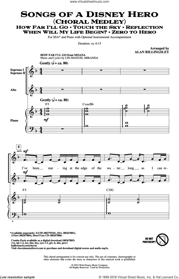 Songs of a Disney Hero sheet music for choir (SSA: soprano, alto) by Alan Menken, Alan Billingsley and David Zippel, intermediate skill level