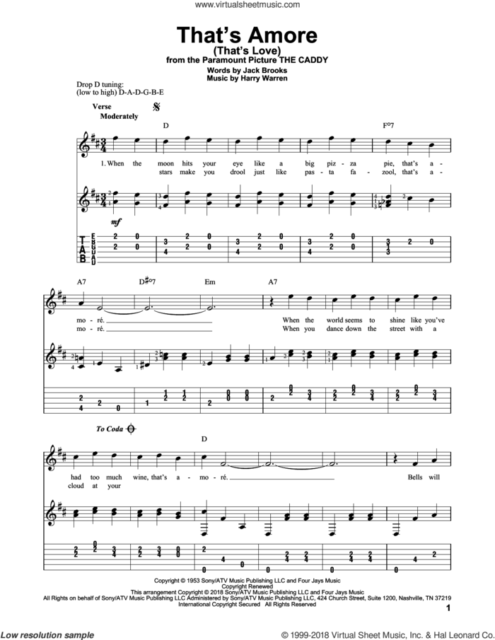 That's Amore (That's Love) sheet music for guitar solo by Dean Martin, Harry Warren and Jack Brooks, intermediate skill level