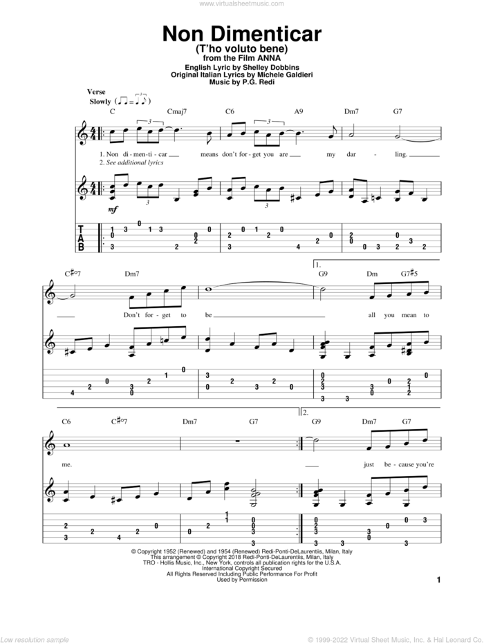 Non Dimenticar (T'ho Voluto Bene) sheet music for guitar solo by Shelley Dobbins and P.G. Redi, intermediate skill level