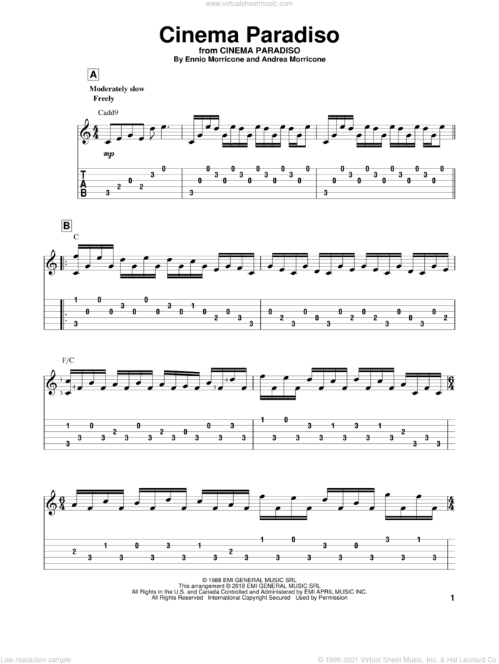 Cinema Paradiso sheet music for guitar solo by Ennio Morricone and Andrea Morricone, intermediate skill level
