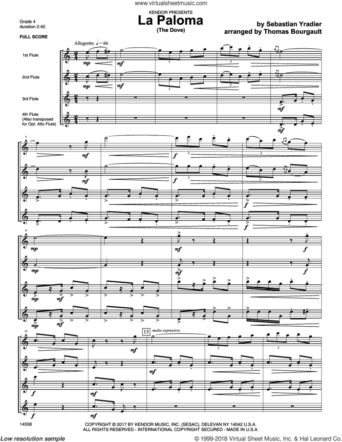 La Paloma (The Dove) (COMPLETE) sheet music for flute quintet by Sebastian Yradier and Thomas Bourgault, classical score, intermediate skill level