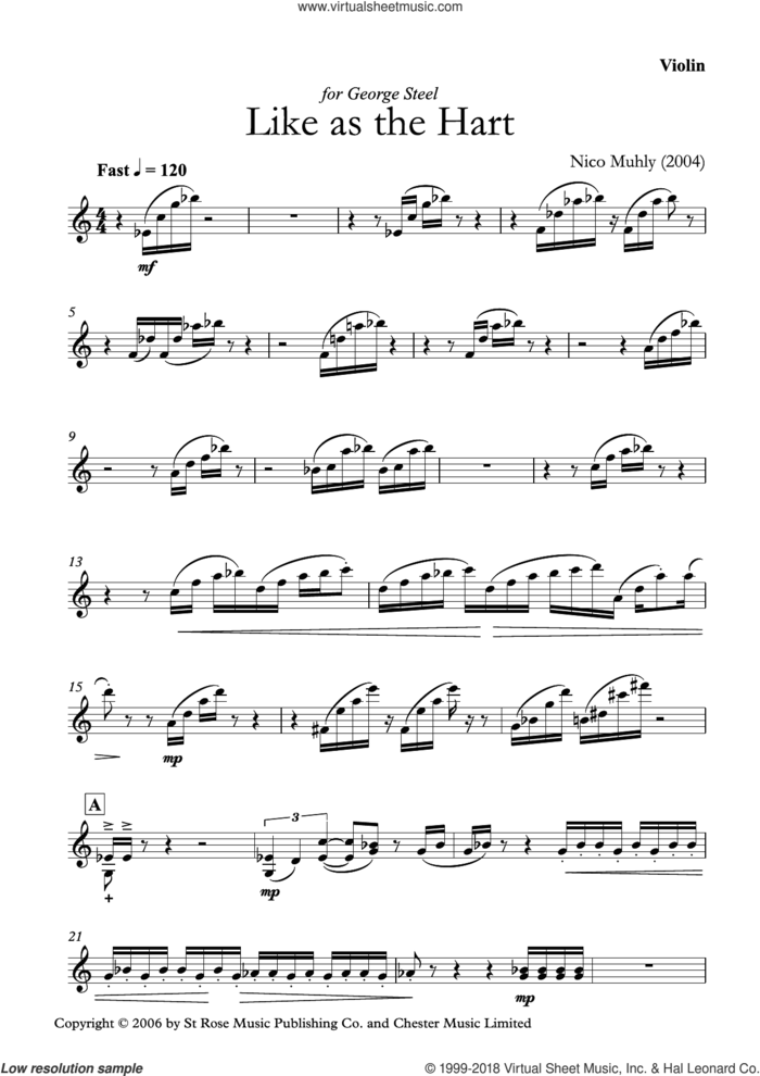 Like As The Hart sheet music for violin solo by Nico Muhly, intermediate skill level
